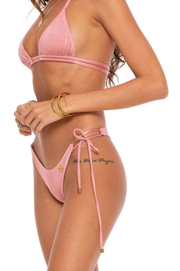 Blush pink low rise classic tie side cheeky cut bikini bottoms. –