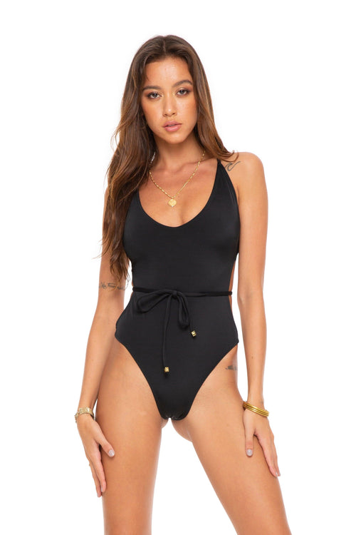 BLACK PLUNGE V LOW CUT HALTER CHEEKY CUT ONEPIECE SWIMSUIT