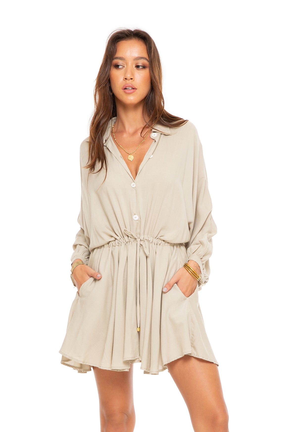 Beige casual button up minidress Safari style Summer dress tie waist stellar-dust.com Beige casual button up minidress Safari style Summer dress tie waist stellar-dust.com