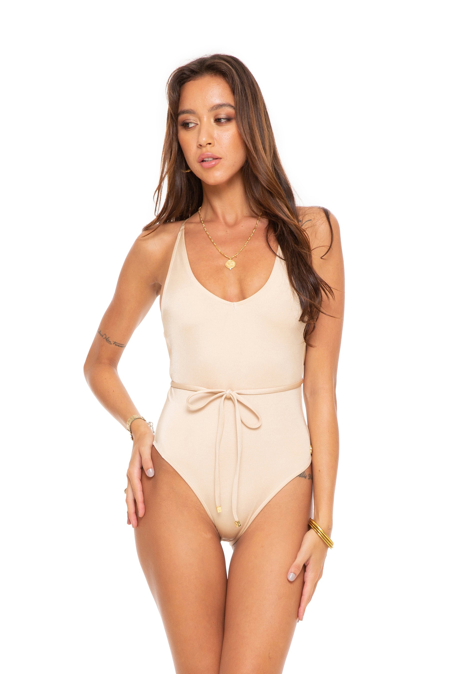 Cream strappy open back deep V tie front cheeky cut swimsuit